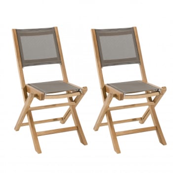 Harris - Lot de 2 chaises de jardin pliantes teck et textilène taupe
