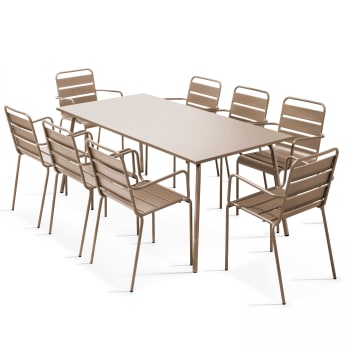 Palavas - Ensemble table de jardin et 8 fauteuils en métal taupe