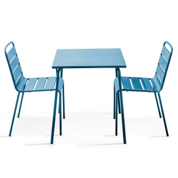 Palavas - Ensemble table de jardin carrée et 2 chaises acier bleu pacific
