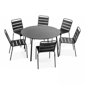 Palavas - Ensemble table de jardin ronde et 6 chaises en métal anthracite