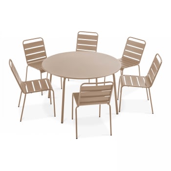 Palavas - Ensemble table de jardin ronde et 6 chaises en métal taupe