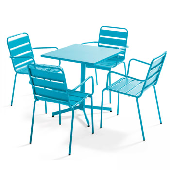 Palavas - Ensemble table de jardin et 4 fauteuils en métal bleu