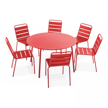 Palavas - Ensemble table de jardin ronde et 6 chaises en métal rouge