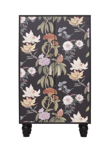 JARA - Armario aparador de pino macizo estampado floral sobre fondo negro