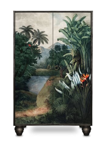 TROPICAL JUNGLE - Buffet in pino massiccio  con stampa  tropicale su sfondo nero.