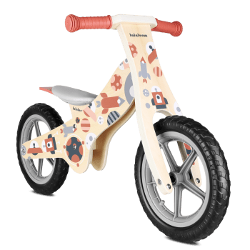 Bicicletta senza pedali per bambini in legno naturale rosso e grigio