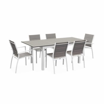 Chicago 210 - Salon de jardin blanc et taupe en aluminium extensible et 6 chaises