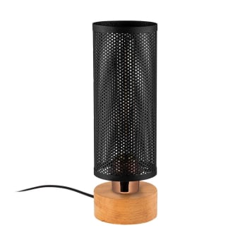 MARISMO - Lámpara de mesa moderno base de madera y pantalla metálica de rejilla