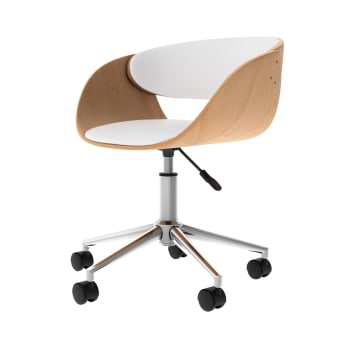 Adelmar - Chaise de bureau pivotante sur roulettes en bois et PU blanc