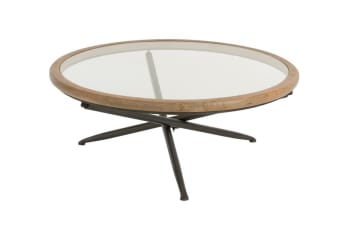 Lyre - Table basse ronde plateau verre et bois D100