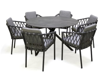 Mesa de 180 cm y 6 sillones para jardín Siena de cuerda naútica gris