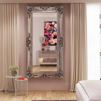 Royal residence - Espejo con molduras de flores de poliresina plateadas 203x104