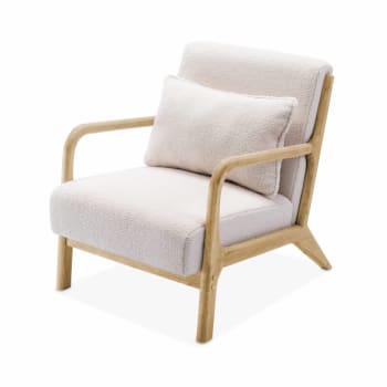 Lorens - Sillón escandinavo de madera y tela borreguito, blanco