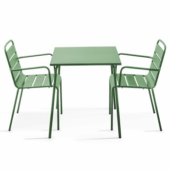 Palavas - Ensemble table de jardin carrée et 2 fauteuils acier vert cactus
