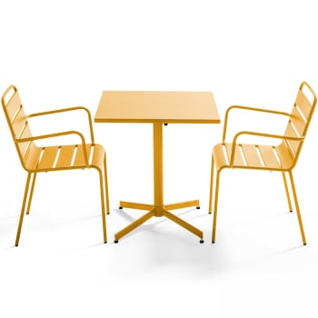 Palavas - Ensemble table de jardin bistrot et 2 fauteuils métal jaune