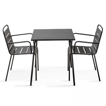 Palavas - Ensemble table de jardin carrée et 2 fauteuils acier gris