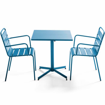 Palavas - Ensemble table de jardin carrée et 2 fauteuils métal bleu pacific