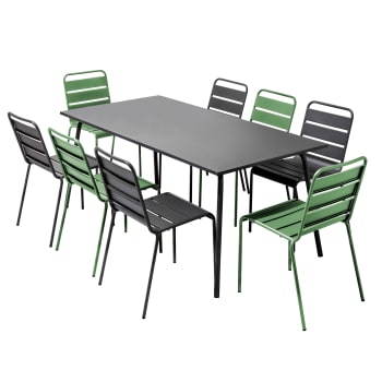 Palavas - Ensemble table de jardin et 8 chaises en métal gris et vert cactus