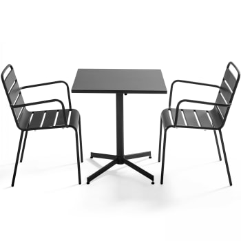 Palavas - Ensemble table de jardin bistrot et 2 fauteuils métal anthracite