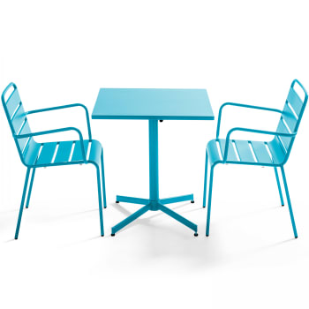 Palavas - Ensemble table de jardin bistrot et 2 fauteuils métal bleu