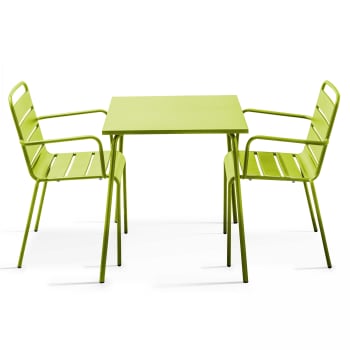 Palavas - Ensemble table de jardin carrée et 2 fauteuils acier vert