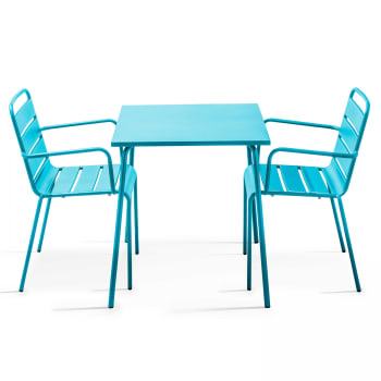 Palavas - Ensemble table de jardin carrée et 2 fauteuils acier bleu