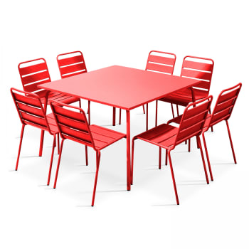 Palavas - Ensemble table de jardin et 8 chaises en métal rouge