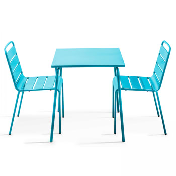 Palavas - Ensemble table de jardin carrée et 2 chaises acier bleu