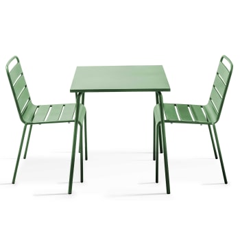 Palavas - Ensemble table de jardin carrée et 2 chaises acier vert cactus