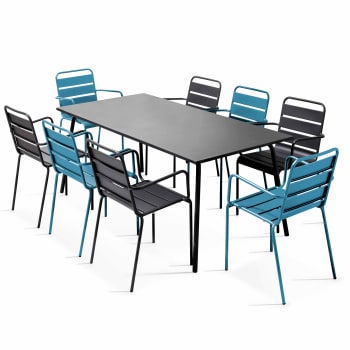 Palavas - Ensemble table de jardin et 8 fauteuils en métal bleu pacific et gris