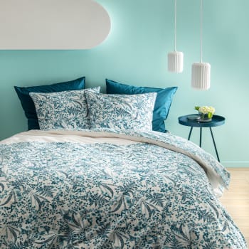 Végétalis - Parure de lit imprimée en coton Bleu 240x220+2x65x65cm