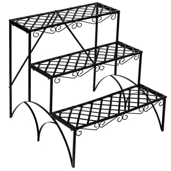 Support pour plantes avec treillis et 3 étagères escalier intérieur  extérieur en métal dim. 60l x 53,5l x 159,5h cm noir - Conforama