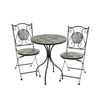 Set table + 2 chaises de jardin pliable en métal noir et céramique