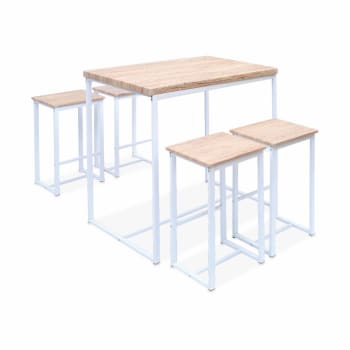 Loft - Tavolo alto e 4 sgabelli da bar in acciaio ed effetto legno bianco