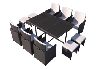 Florida - Table et chaises 10 places en résine tressée noir et blanc