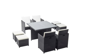 Monaco - Table et chaises 8 places encastrables en résine noir/blanc