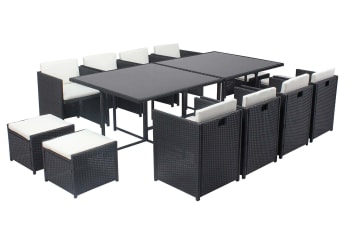 Miami - Table et chaises 12 places encastrables résine noir/blanc