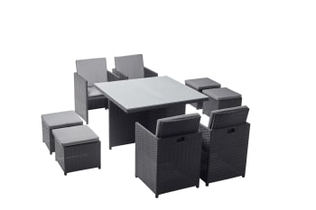 Monaco - Table et chaises 8 places encastrables en résine noir/gris