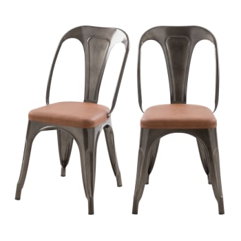 Charly - Chaise en métal gris et cuir synthétique marron (lot de 2)