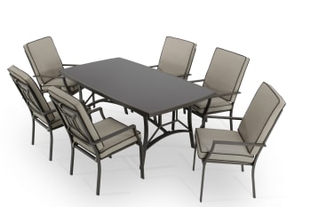 Toscana - Ensemble de jardin avec table et 6 chaises empilables avec coussins