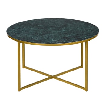 Table basse ronde en verre marbré vert et métal doré