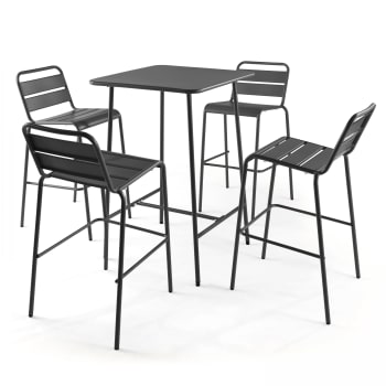 Palavas - Ensemble table de bar et 4 chaises hautes en métal anthracite