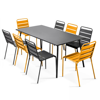 Palavas - Ensemble table de jardin et 8 chaises en métal gris et jaune