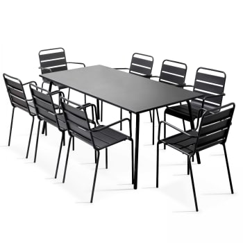 Palavas - Ensemble table de Jardin et 8 fauteuils en métal gris