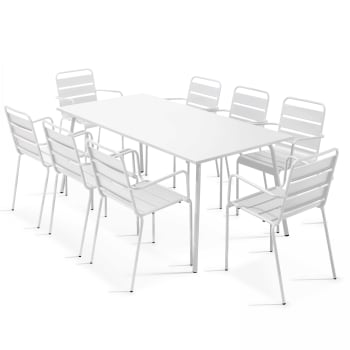 Palavas - Ensemble table de Jardin et 8 fauteuils en métal blanc