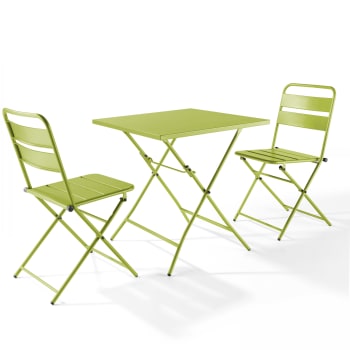 Palavas - Ensemble table de jardin pliante et 2 chaises acier vert