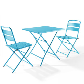 Palavas - Ensemble table de jardin pliante et 2 chaises acier bleu