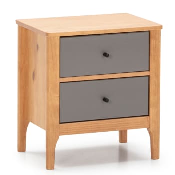 LUCA - Table de chevet 2 tiroirs couleur bois et gris, bois massif