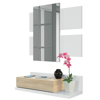 TELMA - Recibidor 1 cajón y espejo color blanco/roble, 75 cm x 29 cm x 116 cm