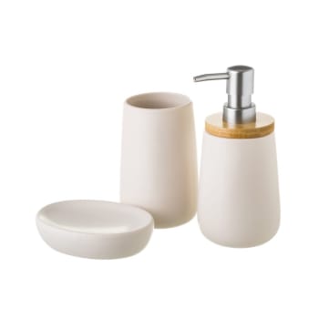 Set salle de bain céramique blanche et bambou - 3 pièces